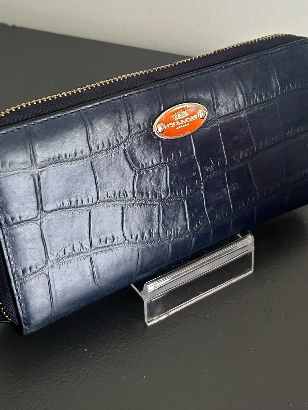 Coach Navy Croc Embossed Leather Zip Around Continental Wallet